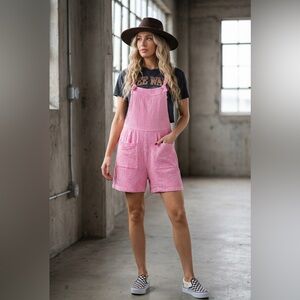 NWT Textured Gauze Washed Pink Knot Strap Jumper Overalls Shortalls Romper